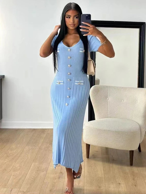 Elegant V Neck knitted long dress