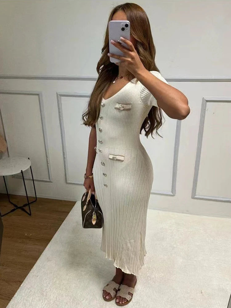 Elegant V Neck knitted long dress