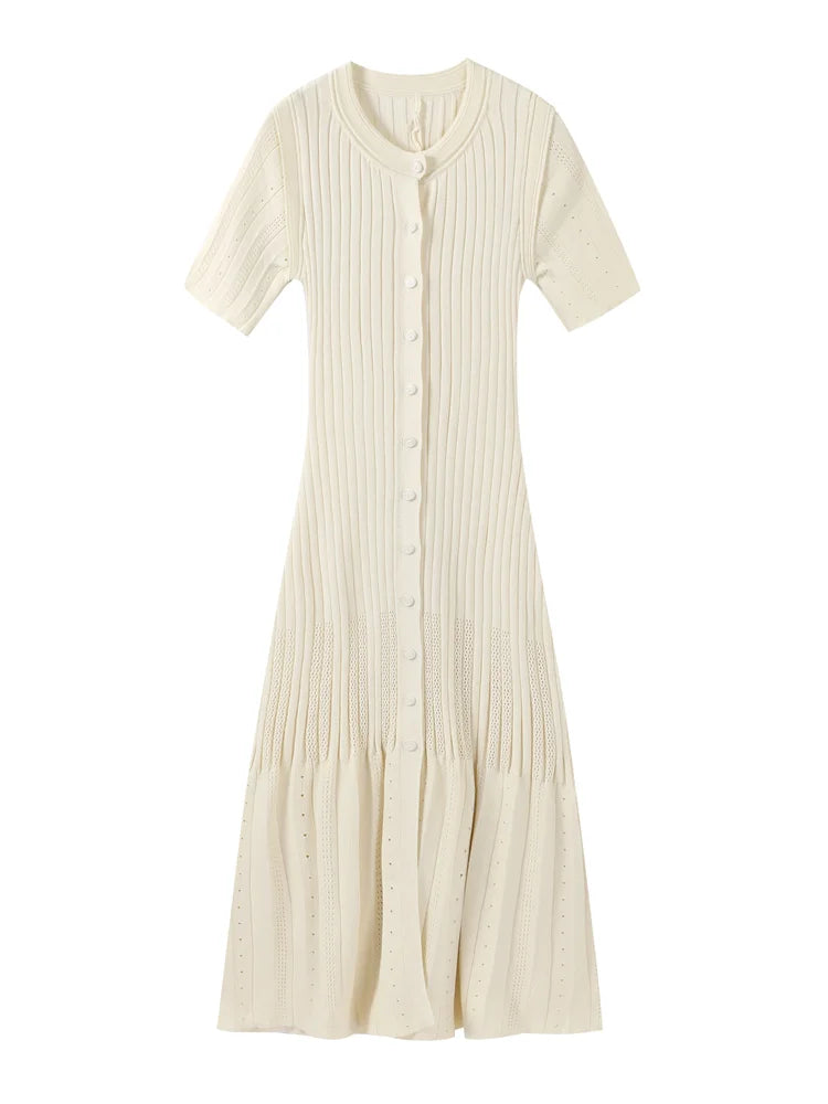 Elegant Knitted V-neck Long Dress Women Patchwork Single Breasted Long Puff Sleeve Slim Dresses