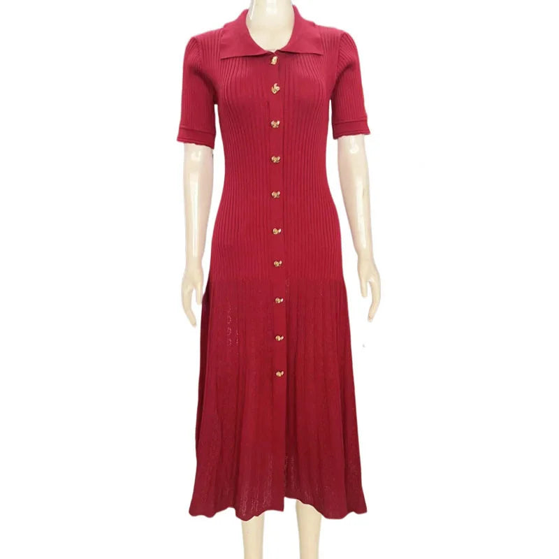 Elegant Knitted V-neck Long Dress Women Patchwork Single Breasted Long Puff Sleeve Slim Dresses