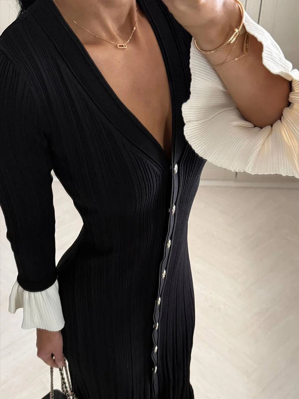 Elegant Knitted V-neck Long Dress Women Patchwork Single Breasted Long Puff Sleeve Slim Dresses