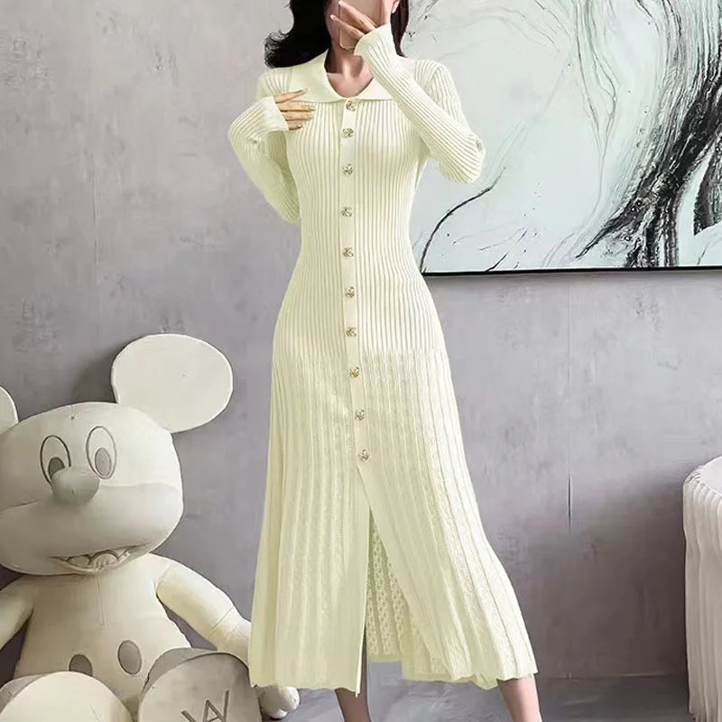 Elegant Knitted V-neck Long Dress Women Patchwork Single Breasted Long Puff Sleeve Slim Dresses