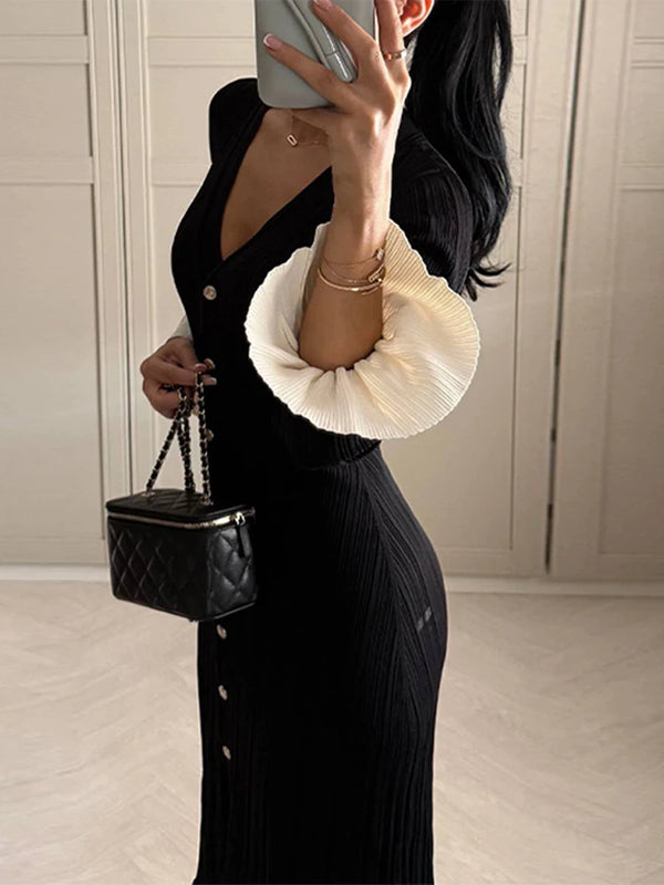 Elegant Knitted V-neck Long Dress Women Patchwork Single Breasted Long Puff Sleeve Slim Dresses