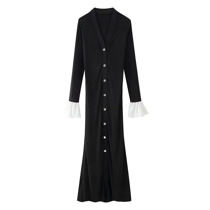 Elegant Knitted V-neck Long Dress Women Patchwork Single Breasted Long Puff Sleeve Slim Dresses