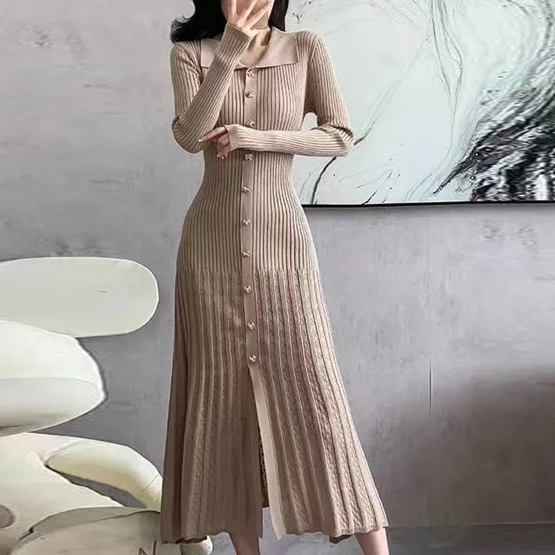 Elegant Knitted V-neck Long Dress Women Patchwork Single Breasted Long Puff Sleeve Slim Dresses