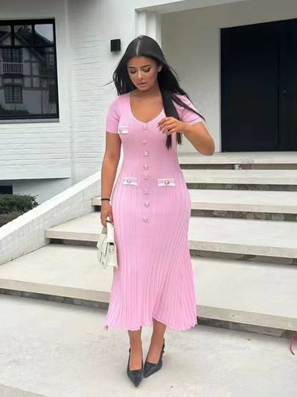 Elegant V Neck knitted long dress