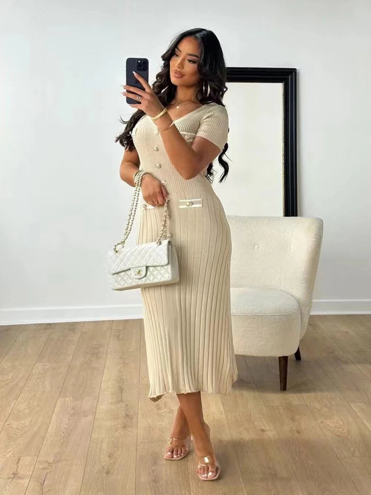 Elegant V Neck knitted long dress