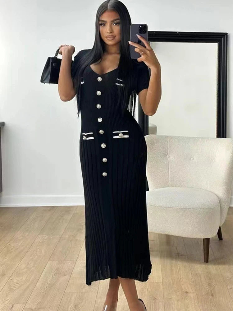 Elegant V Neck knitted long dress