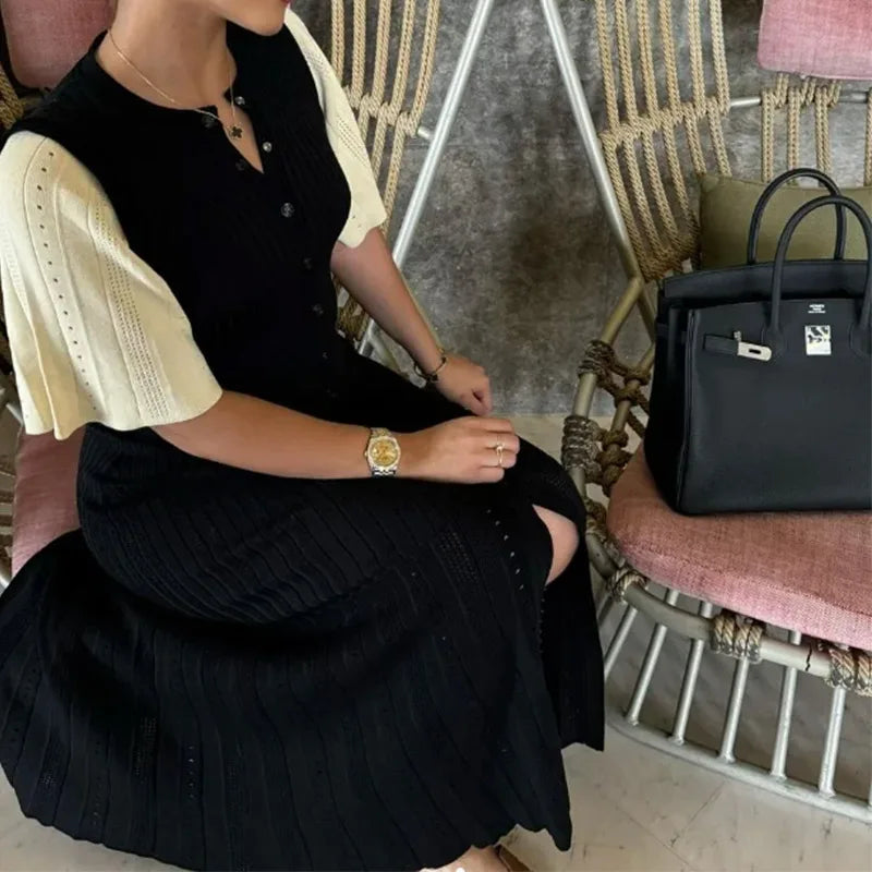 Elegant Knitted V-neck Long Dress Women Patchwork Single Breasted Long Puff Sleeve Slim Dresses