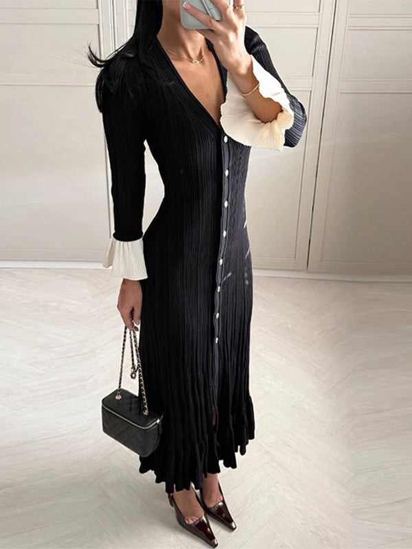 Elegant Knitted V-neck Long Dress Women Patchwork Single Breasted Long Puff Sleeve Slim Dresses